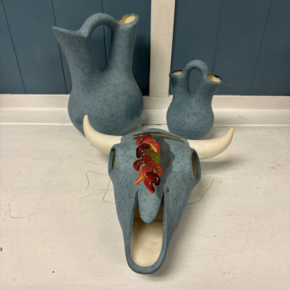 Lot 3 Hozoni Pottery Hand Painted Bull Skull Aqua Native American Indian + Vases